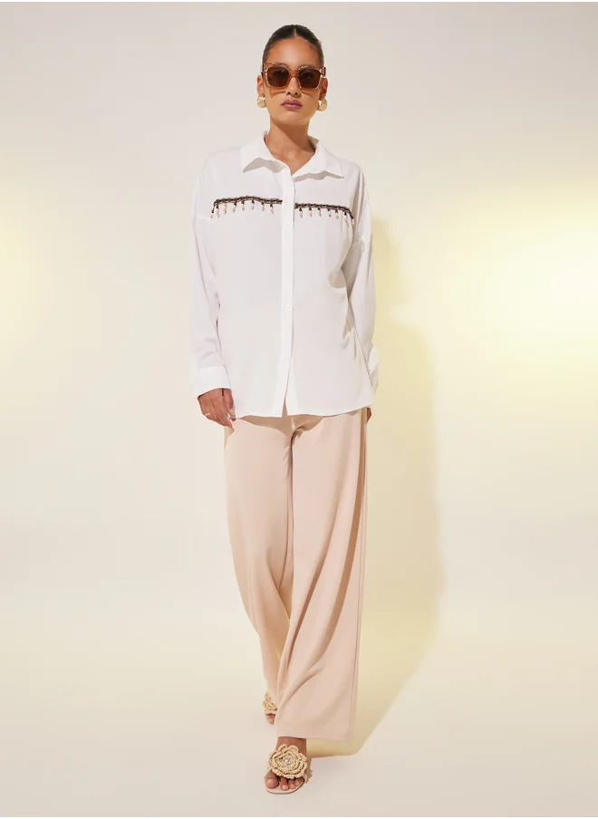 Styli Solid Front Tassel Detail Oversized Shirt
