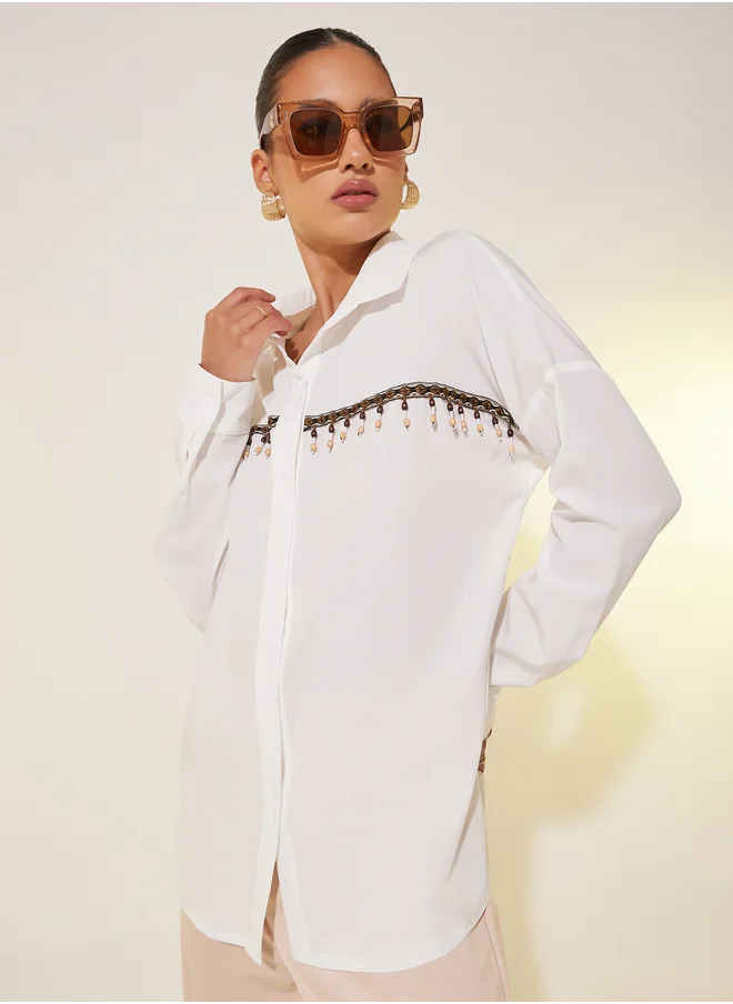 Styli Solid Front Tassel Detail Oversized Shirt