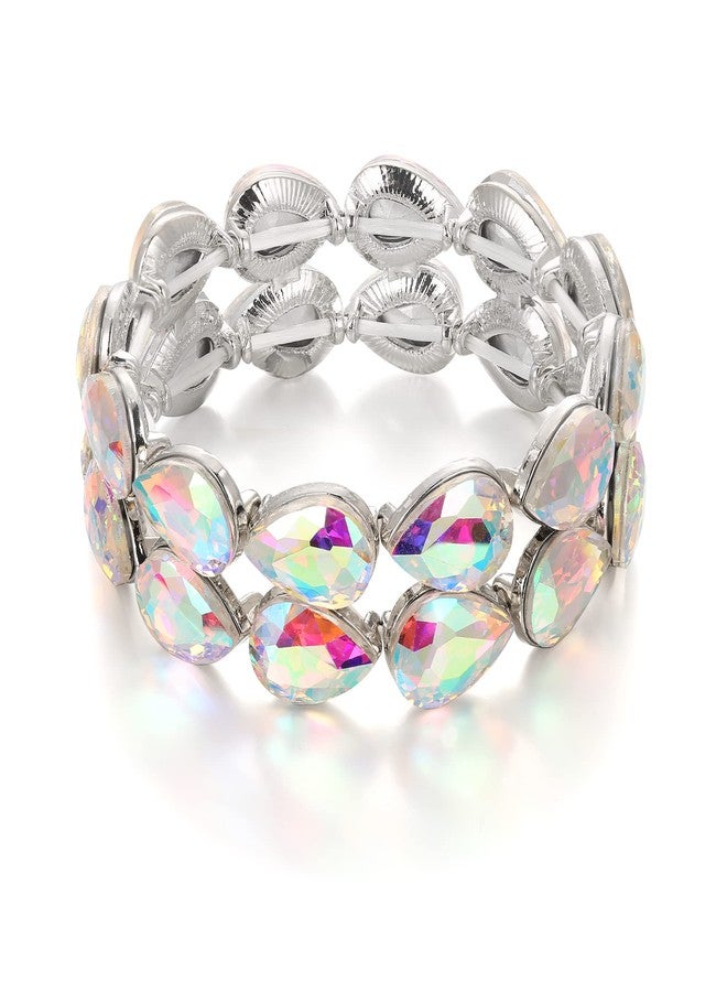 BriLove Wedding Bridal Elegant Crystal Double Row Teardrop Cluster Stretch Bangle Bracelet for Bride Iridescent AB Silver-Tone - Image 1