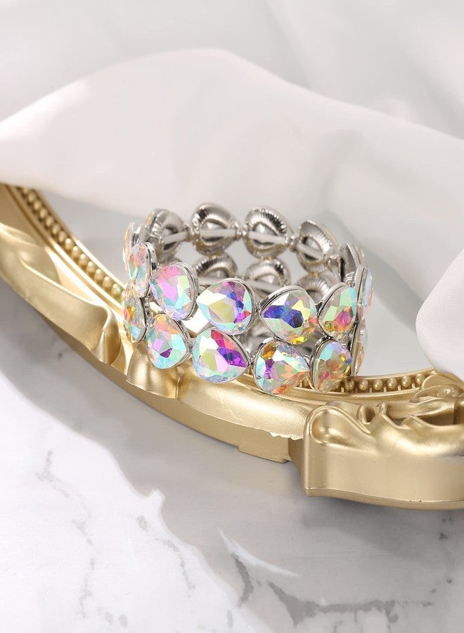 BriLove Wedding Bridal Elegant Crystal Double Row Teardrop Cluster Stretch Bangle Bracelet for Bride Iridescent AB Silver-Tone - Image 5
