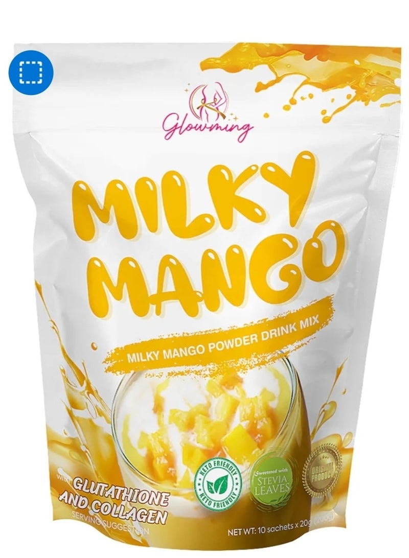 Glow MILKY MANGO (MILKY MANGO POWDER DRINK MIX) WITH GLUTATHIONE ANDCOLLAGEN SERVING SUGGESTION 10SACX20G(200G)