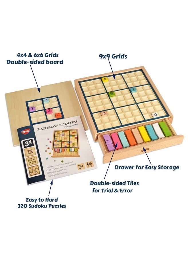 BOHS Wooden Rainbow Sudoku For Kids 3 In 1 Easy To Hard With Book Of 320 Sudoku Puzzles Desktop Brain Teaser Game Toys - Image 3