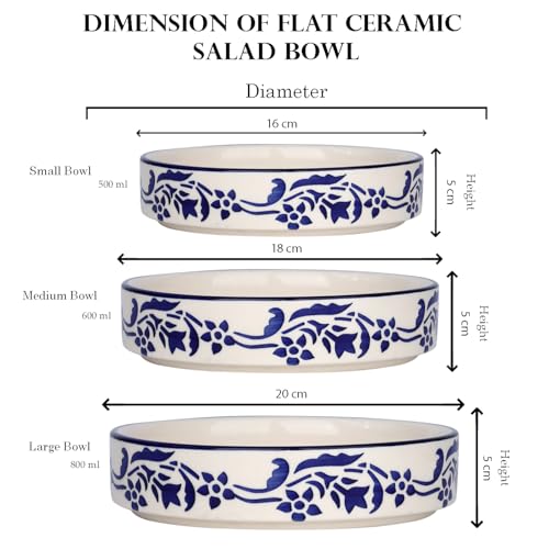 SEPARATE WAY Ceramic Bowls Flat Deep Serving Bowl Set of 3-800ml, 600ml, 500ml Glossy Floral Blue Finish Ideal for Pasta, Salad, Snacks & More Multipurpose Microwave and Dishwasher Safe - Image 5