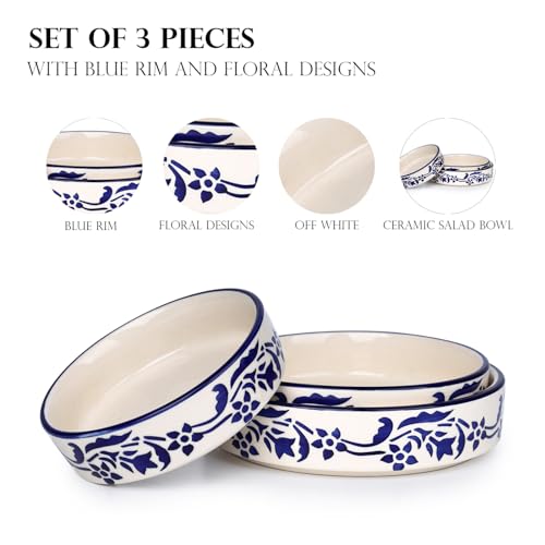 SEPARATE WAY Ceramic Bowls Flat Deep Serving Bowl Set of 3-800ml, 600ml, 500ml Glossy Floral Blue Finish Ideal for Pasta, Salad, Snacks & More Multipurpose Microwave and Dishwasher Safe - Image 3