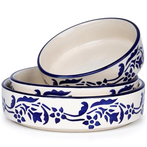 SEPARATE WAY Ceramic Bowls Flat Deep Serving Bowl Set of 3-800ml, 600ml, 500ml Glossy Floral Blue Finish Ideal for Pasta, Salad, Snacks & More Multipurpose Microwave and Dishwasher Safe - Image 1