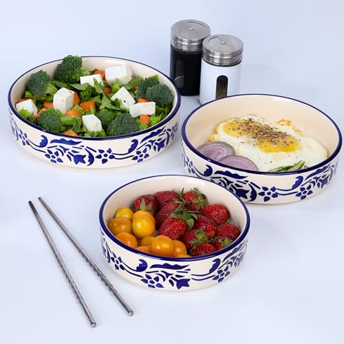 SEPARATE WAY Ceramic Bowls Flat Deep Serving Bowl Set of 3-800ml, 600ml, 500ml Glossy Floral Blue Finish Ideal for Pasta, Salad, Snacks & More Multipurpose Microwave and Dishwasher Safe - Image 2