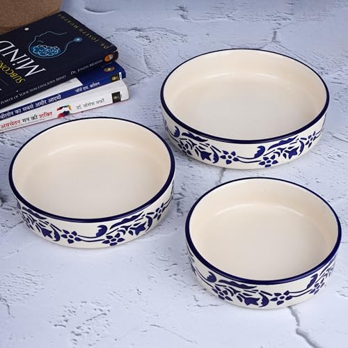 SEPARATE WAY Ceramic Bowls Flat Deep Serving Bowl Set of 3-800ml, 600ml, 500ml Glossy Floral Blue Finish Ideal for Pasta, Salad, Snacks & More Multipurpose Microwave and Dishwasher Safe - Image 4