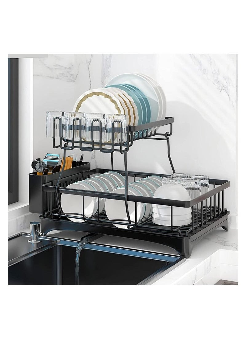 Beauenty Dish Rack with Drainer 2 Tier Large Kitchen Dish Rack with Removable Utensil Holder and Cup Holder, Stainless Steel Kitchen Dish Drainer Black Dish Rack  - Image 2