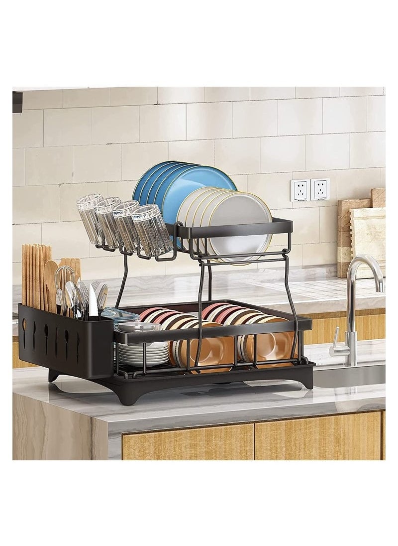 Beauenty Dish Rack with Drainer 2 Tier Large Kitchen Dish Rack with Removable Utensil Holder and Cup Holder, Stainless Steel Kitchen Dish Drainer Black Dish Rack  - Image 5