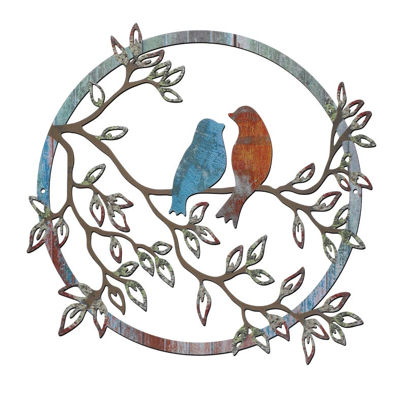 Ferraycle Metal Wall Art Bird on Tree Branch Bird Wall Silhouette Decor for Living Room Garden Bedroom Office Home Wall Housewarming Party Decor (Retro Color, Vibrant Style) - Image 1