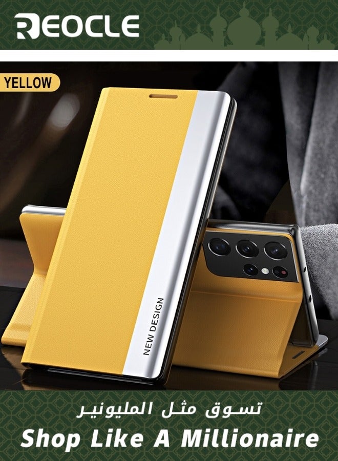 REOCLE Mobile Phone Case for Samsung S21 22 23 Ultra Premium Leather Flip Foldable Shockproof Protective Case Electroplated Magnetic Stand Protective Cover - Image 1