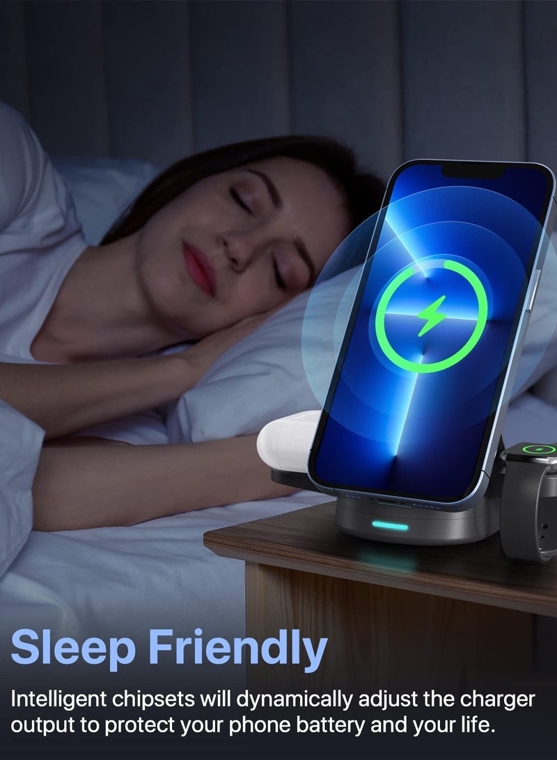 KASTWAVE Magnetic Wireless Charger, 3 in 1 Foldable Wireless Charger Station, 15W Fast Charging Dock Stand for MagSafe iPhone 14/13/13 Pro/13 Pro Max/12 mini/12/12 Pro/iWatch 6/5/4/3/2/Airpods 2/Pro - Image 3