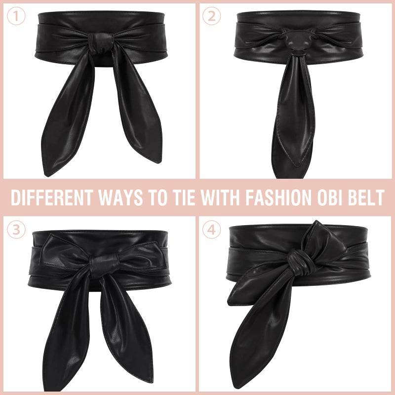 WHIPPY Women Obi Belt Fashion Wrap Around Wide Waistband Knotted Cinch Belt for Dress, Black, L - Image 5