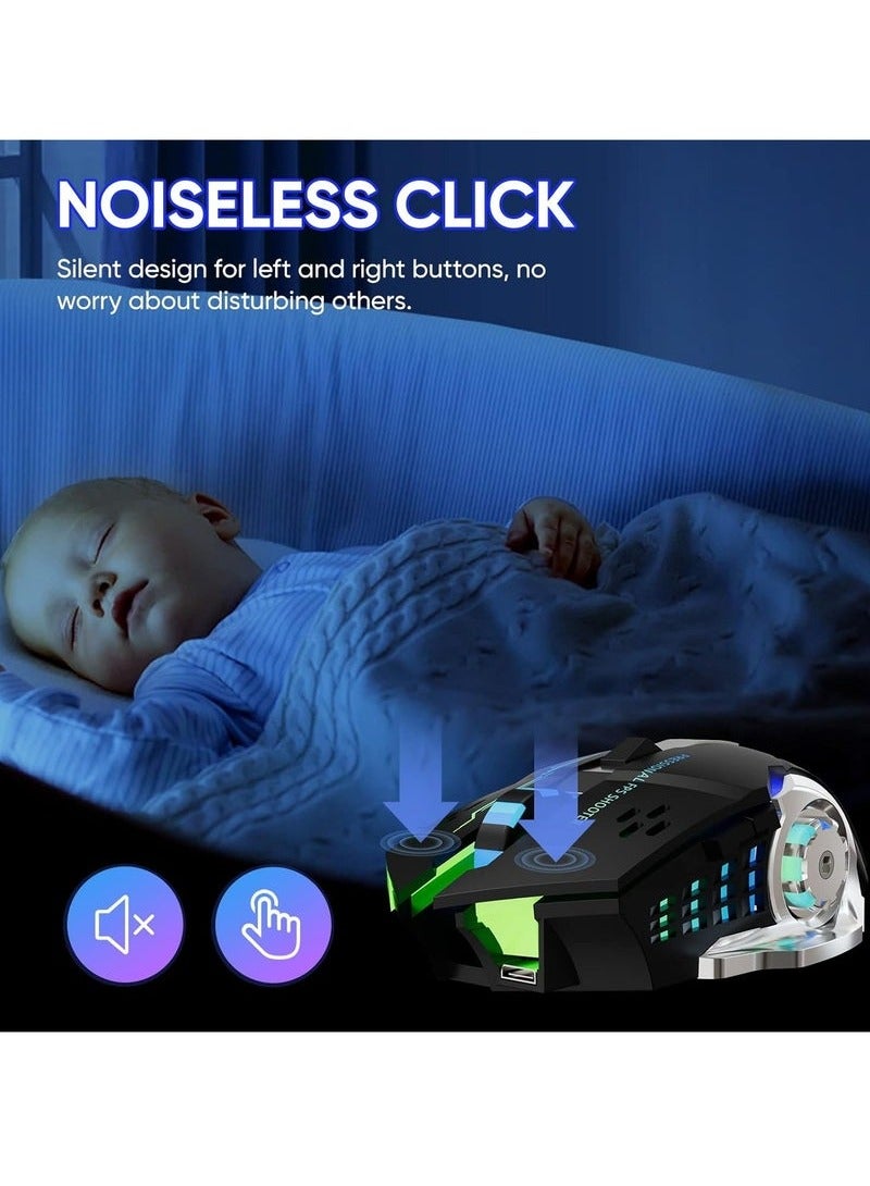 Wireless Gaming Mouse Bluetooth Mouse RGB Rechargeable 2.4G USB Cordless Computer Mice with 7 Color Backlit, 6 ons  Silent Click for Laptop, iPad, Mac OS, PC, Windows -Black - Image 2