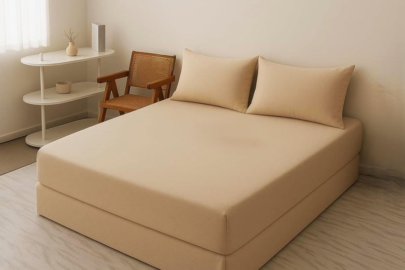 Luxury Cotton Fitted Sheet Set Beige 160cm x 200cm Deep Pocket Design for Modern Platform Beds - Image 1