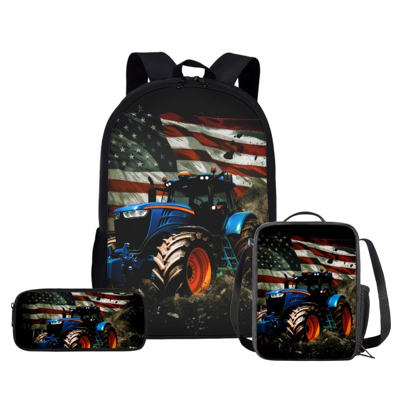 ZPINXIGN American Flag Tractor Backpack for Boys with Lunch Box Set Kindergarten to Elementary School Kids 3Pcs Back to School Set Age 58 - Image 2