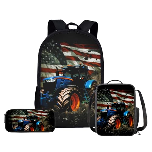 ZPINXIGN American Flag Tractor Backpack for Boys with Lunch Box Set Kindergarten to Elementary School Kids 3Pcs Back to School Set Age 58 - Image 1