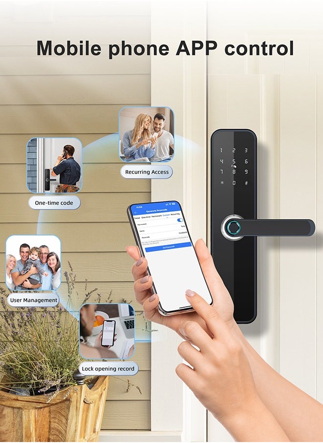 Makayuron - Smart Door Lock with Fingerprint, Keypad, 6*Cards, 2*Keys Unlock Durable Aluminum with Acrylic Touch Panel | Auto Locking & TT bluetooth App Control |  Model H06 - Image 1