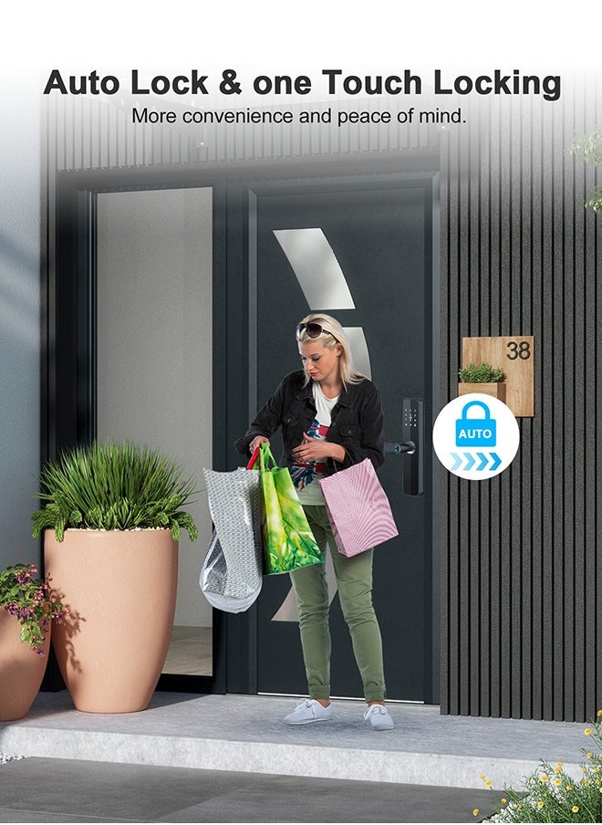 Makayuron - Smart Door Lock with Fingerprint, Keypad, 6*Cards, 2*Keys Unlock Durable Aluminum with Acrylic Touch Panel | Auto Locking & TT bluetooth App Control |  Model H06 - Image 1