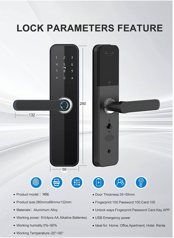 Makayuron - Smart Door Lock with Fingerprint, Keypad, 6*Cards, 2*Keys Unlock Durable Aluminum with Acrylic Touch Panel | Auto Locking & TT bluetooth App Control |  Model H06 - Image 1