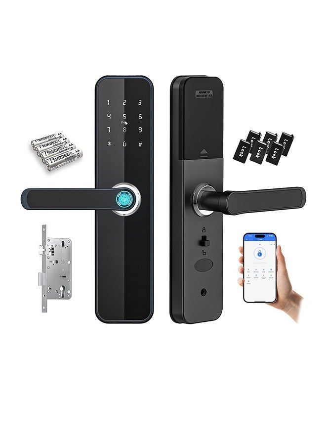 Makayuron Smart Door Lock with Fingerprint, Keypad, 6*Cards, 2*Keys Unlock Durable Aluminum with Acrylic Touch Panel | Auto Locking & TT bluetooth App Control |  Model H06 - Image 1