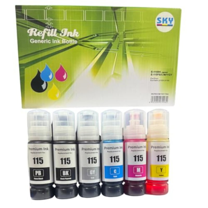 EcoTank L8160 L8180 compatible 6-color pigment ink set: black, black, cyan, magenta, yellow, grey for high-yield printing - Image 1