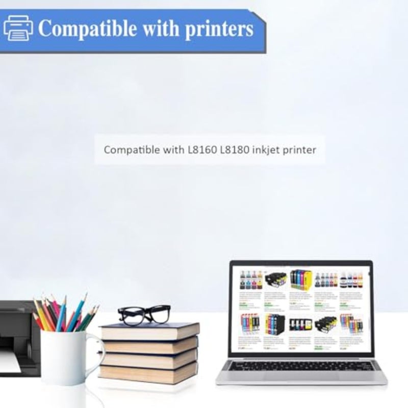 EcoTank L8160 L8180 compatible 6-color pigment ink set: black, black, cyan, magenta, yellow, grey for high-yield printing - Image 4