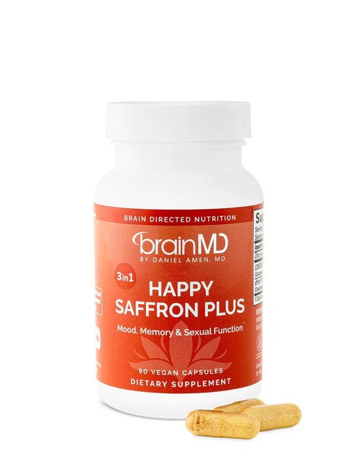 برينمد BrainMD Happy Saffron Plus – دعم التركيز والوضوح والصحة العامة مع الأشواغاندا ومغنيسيوم جلايسينات ومجمع الفيتامينات – 90 كبسولة نباتية - Image 1