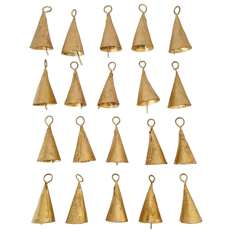Vivanta 20 Pcs Small Gold Metal Craft Bells 2 Rustic Cone Cow Bells for Crafts Jingle Bells for Crafting Christmas Bell Tree Ornaments Witch Bells Vintage Boho Decor Garden Wind Bell Sleigh