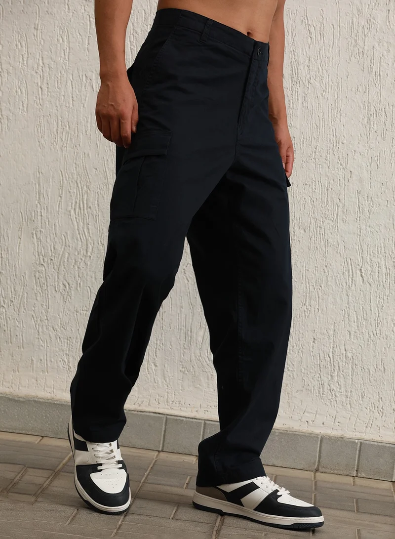 هوبرهولمي Navy Relaxed Fit Mid-Rise Cotton Cargo Trousers for Men