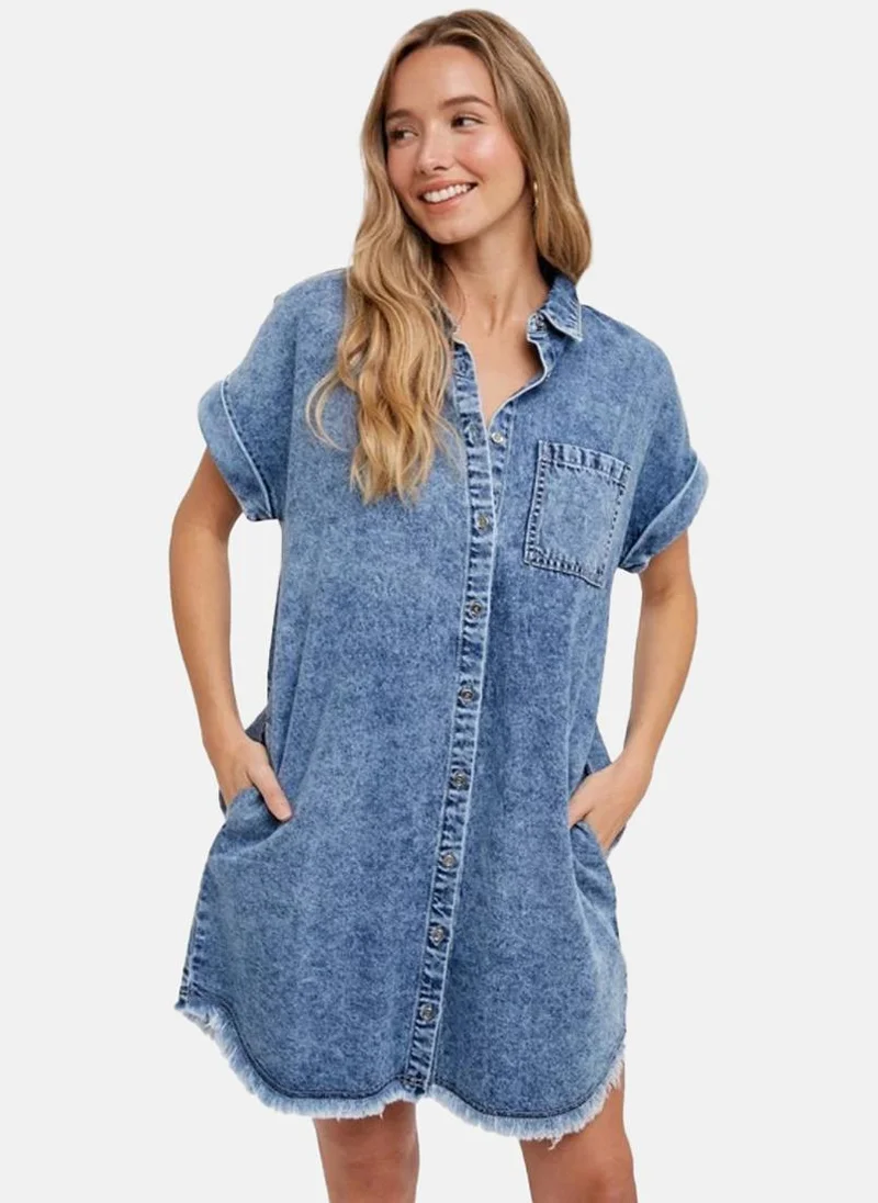 يونيكي Blue A-Line Collared Half Sleeve Dresses