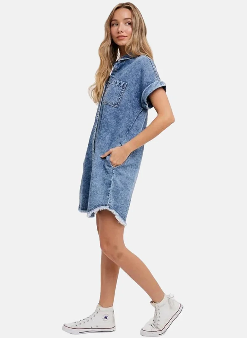 يونيكي Blue A-Line Collared Half Sleeve Dresses