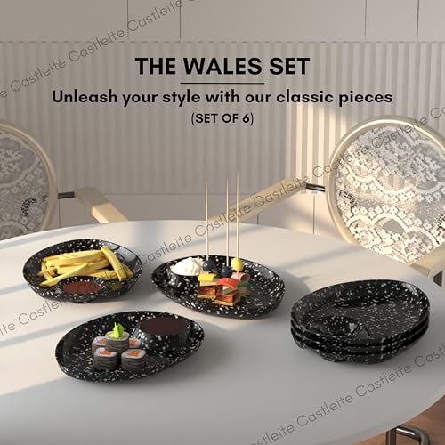 Castleite Wales Multi-Purpose Kitchen Serving Platter: Deluxe Melamine Crockery Set of 6 - Versatile Chip and Dip Dish for Snacks, Starters & Desserts (Marble Black) - Image 2