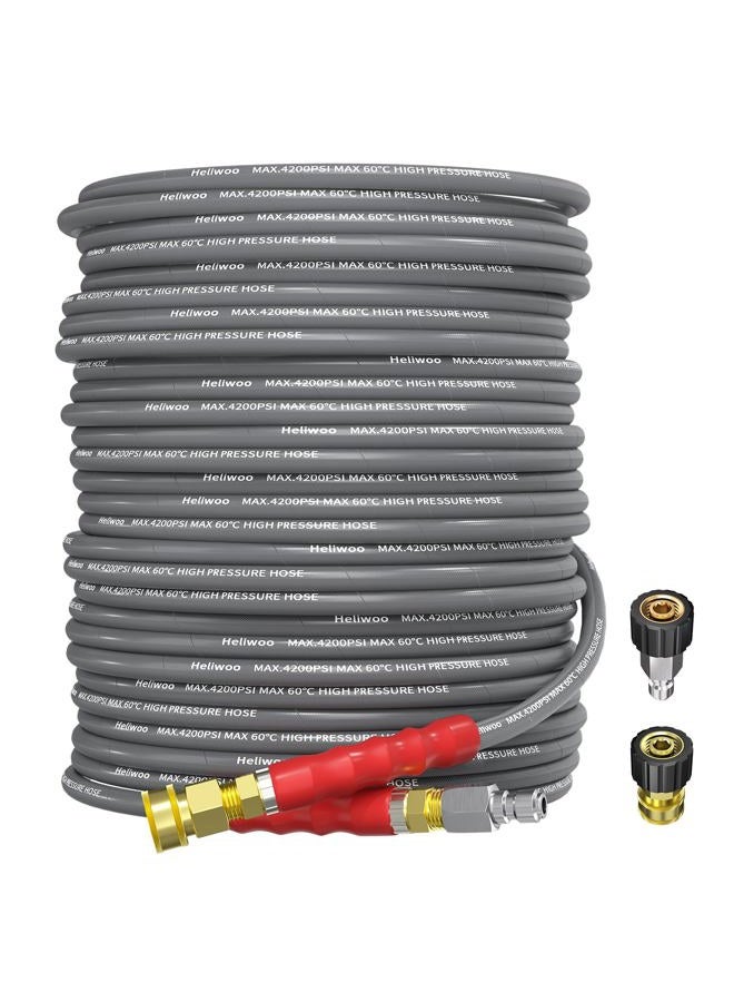 Heliwoo Pressure Washer Hose 100ft 4200PSI with 3/8 Quick Connect, 1/4 Commercial Grade Steel Wire Braided Kink Resistant Power Washer Extension Hose, Flexible Replacement Hose Adapter Set - Image 1