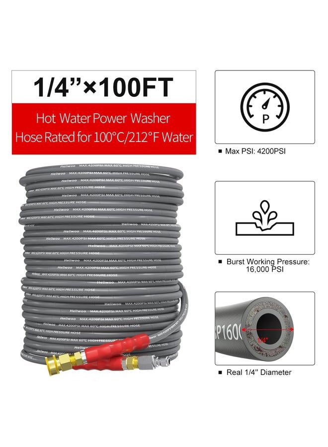Heliwoo Pressure Washer Hose 100ft 4200PSI with 3/8 Quick Connect, 1/4 Commercial Grade Steel Wire Braided Kink Resistant Power Washer Extension Hose, Flexible Replacement Hose Adapter Set - Image 2