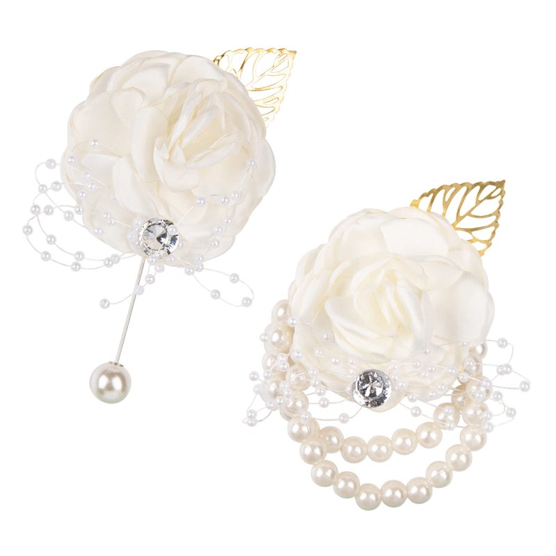 AUEAR 2 Pack White Rose Bridesmaid Wrist Flower Corsage Bride Silk with Artificial Gold Leaf Pearl Bead