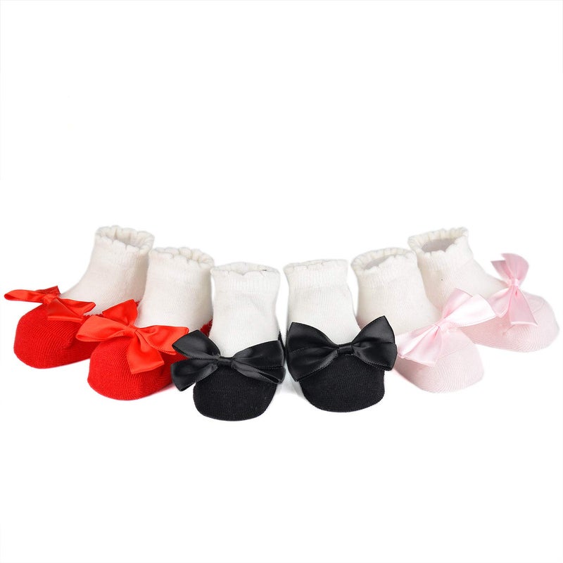 EPEIUS Baby Girls Seamless Non-Slip Socks Like Shoes Toddlers Girls Anti Slip/Anti-skid Booties with Bow for 12-36 Months,Black/Red/Pink,(Set of 6) - Image 1