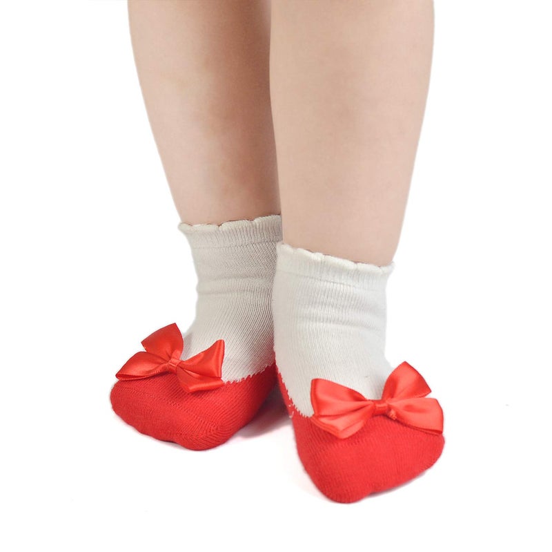 EPEIUS Baby Girls Seamless Non-Slip Socks Like Shoes Toddlers Girls Anti Slip/Anti-skid Booties with Bow for 12-36 Months,Black/Red/Pink,(Set of 6) - Image 2