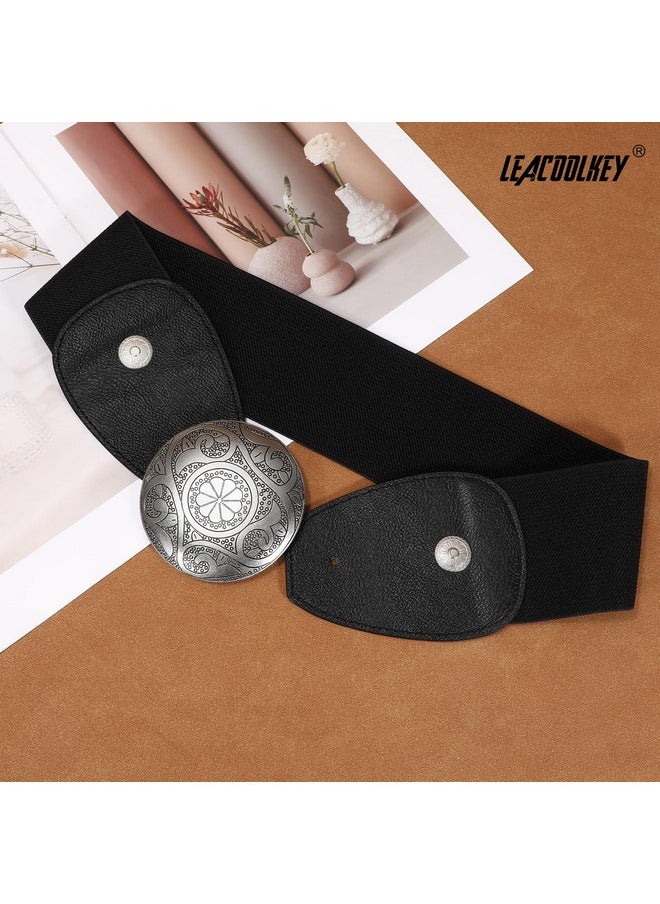 LEACOOLKEY - Women Wide Elastic Belt Western Buckle Vintage Strecth Waist Belt For Dress - Image 1