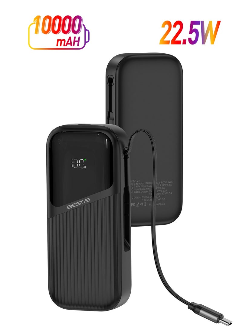 BESTIS - Power Bank, 10,000mAh 22.5W Fast Charging, Compact Battery Pack with 60cm Retractable USB-C Cable, Compatible with Type-C Devices - Image 1