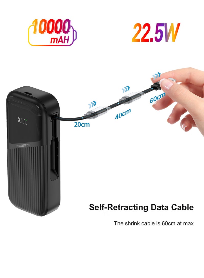 BESTIS 10000mAh Power Bank with Built-in 60cm Retractable USB-C Cable, 22.5W Fast Charging Portable Charger for Android, Samsung, Type-C Devices - Image 1