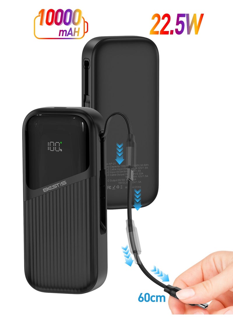BESTIS 10000mAh Power Bank with Built-in 60cm Retractable USB-C Cable, 22.5W Fast Charging Portable Charger for Android, Samsung, Type-C Devices - Image 1