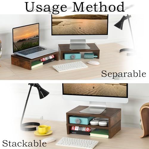 TEAMIX Monitor Riser - 2 Pack, Rustic Brown Wood Adjustable Stand for 2 Monitors/Laptop/PC - Image 2
