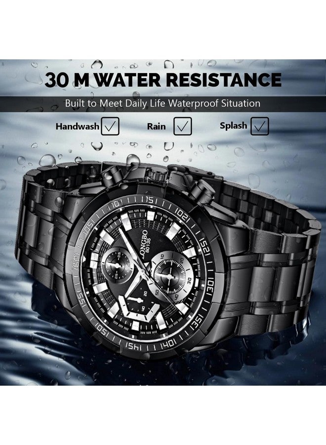 LONGBO Black Business Casual Stainless Steel Decorative Subdials Big Blue Dial Scratch Resistant Waterproof Analog Watch For Men And Boys - Image 5