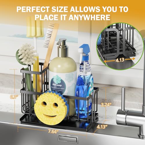 Epicano Sink Caddy Sponge Holder, Smiley Face Sponge Rack with High Brush Holder,Rustproof Kitchen Countertop Organizer,Kitchen Gadgets Sink Accessories, Black - Image 2