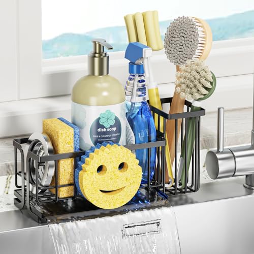 Epicano Sink Caddy Sponge Holder, Smiley Face Sponge Rack with High Brush Holder,Rustproof Kitchen Countertop Organizer,Kitchen Gadgets Sink Accessories, Black - Image 1
