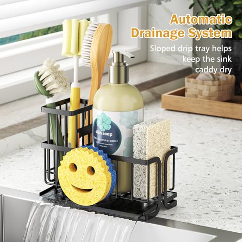 Epicano Sink Caddy Sponge Holder, Smiley Face Sponge Rack with High Brush Holder,Rustproof Kitchen Countertop Organizer,Kitchen Gadgets Sink Accessories, Black - Image 5