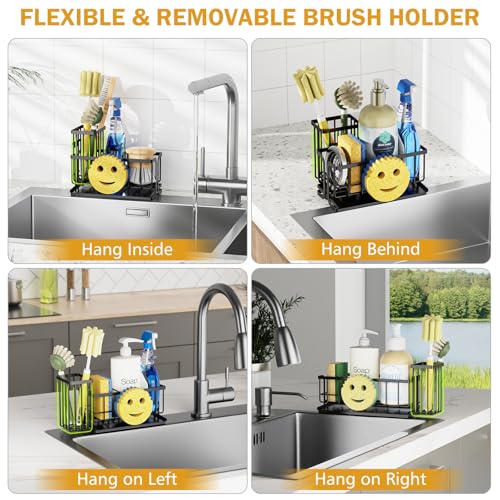 Epicano Sink Caddy Sponge Holder, Smiley Face Sponge Rack with High Brush Holder,Rustproof Kitchen Countertop Organizer,Kitchen Gadgets Sink Accessories, Black - Image 4