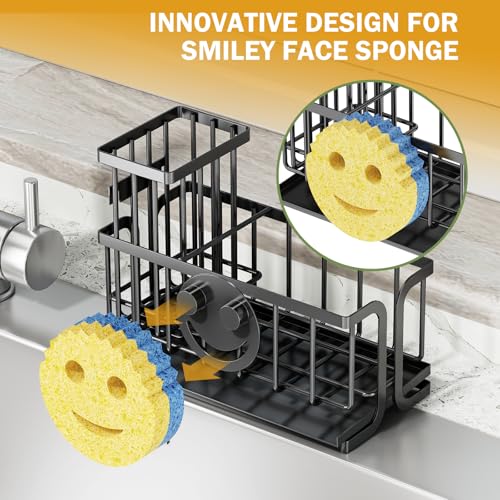 Epicano Sink Caddy Sponge Holder, Smiley Face Sponge Rack with High Brush Holder,Rustproof Kitchen Countertop Organizer,Kitchen Gadgets Sink Accessories, Black - Image 3