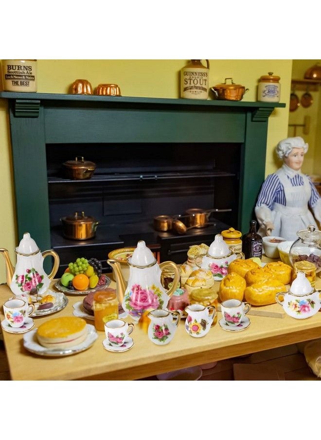 Sieral 2 Set 1:12 Miniature Tea Cup Sets Porcelain Dollhouse Accessories Dollhouse Decoration Mini Flower Pattern Teapot Cup Plates Set For Little Girls Dollhouse Coffee Shop Kitchen Accessories  - Image 4
